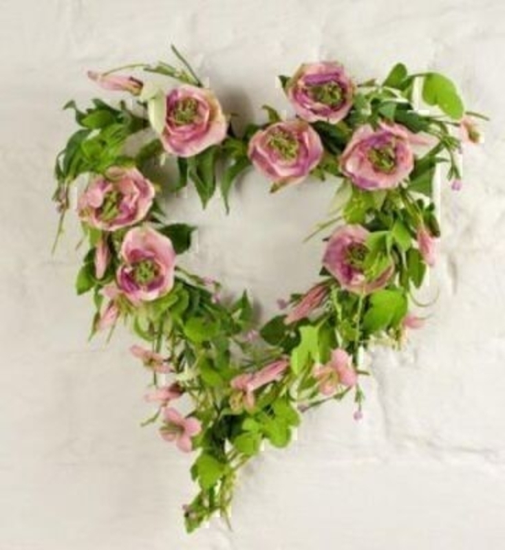 Heart wreath of pink Roses and Wild Flowers Silk Flowers by Bloomsbury. Size 30x30cm